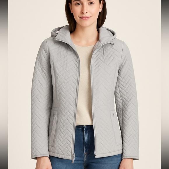 Weatherproof Light Gray Quilted Hooded Jacket L | Zip Front Warm Outerwear - Picture 1 of 13
